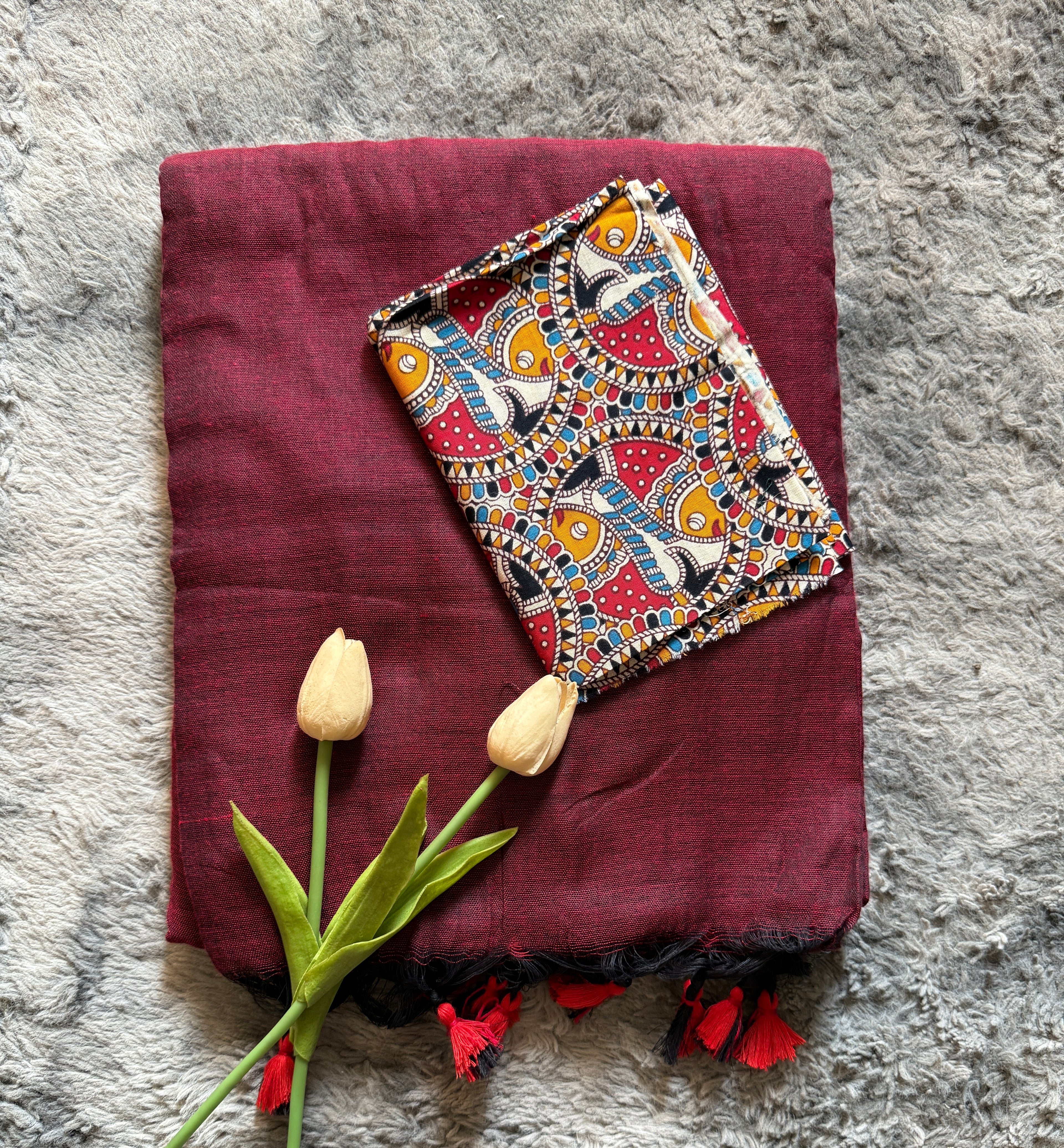 Khadi cotton Maroon with Kalamkari Blouse