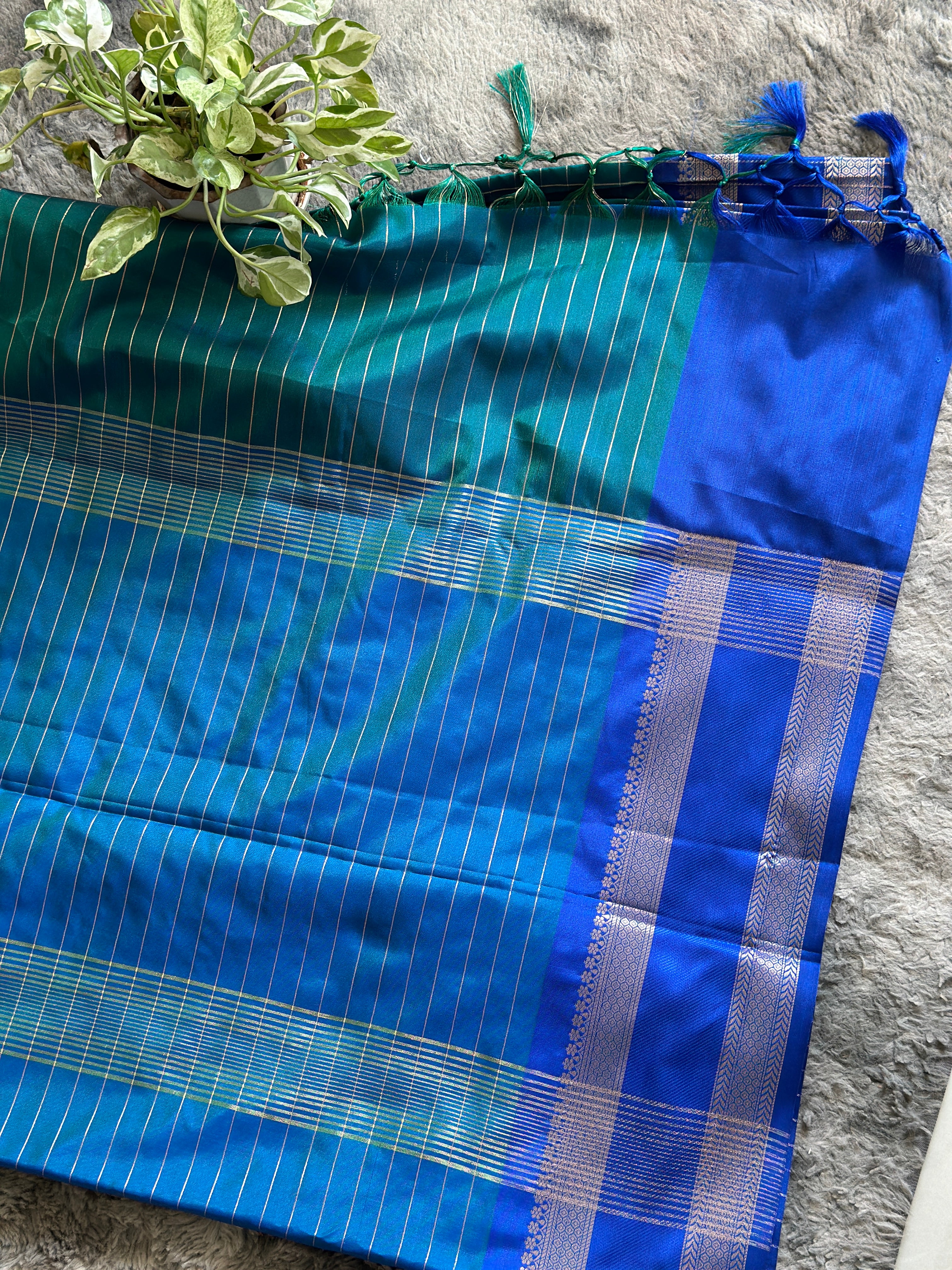 Semi Silk Checks- Peacock Blue Green
