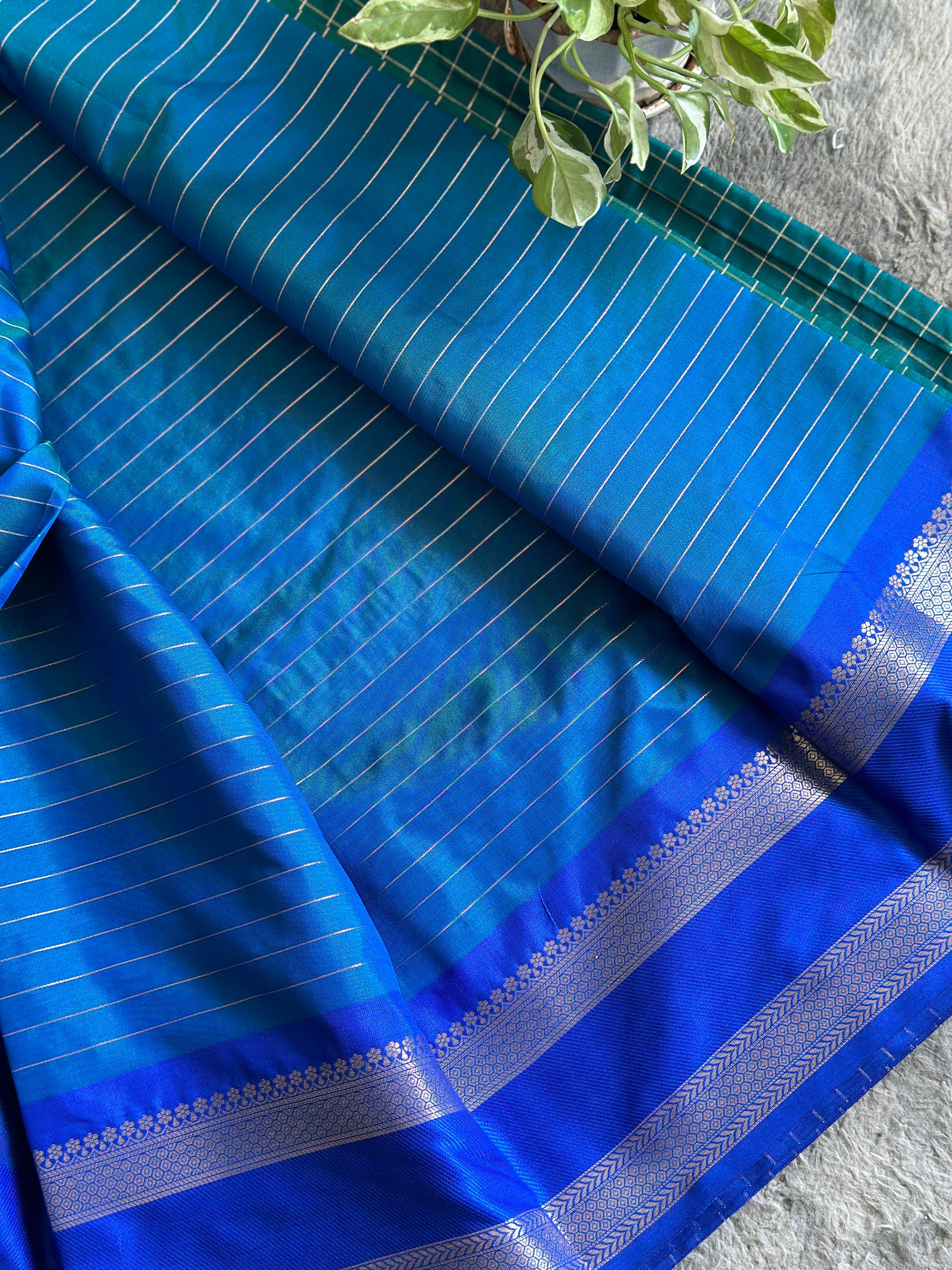 Semi Silk Checks- Peacock Blue Green