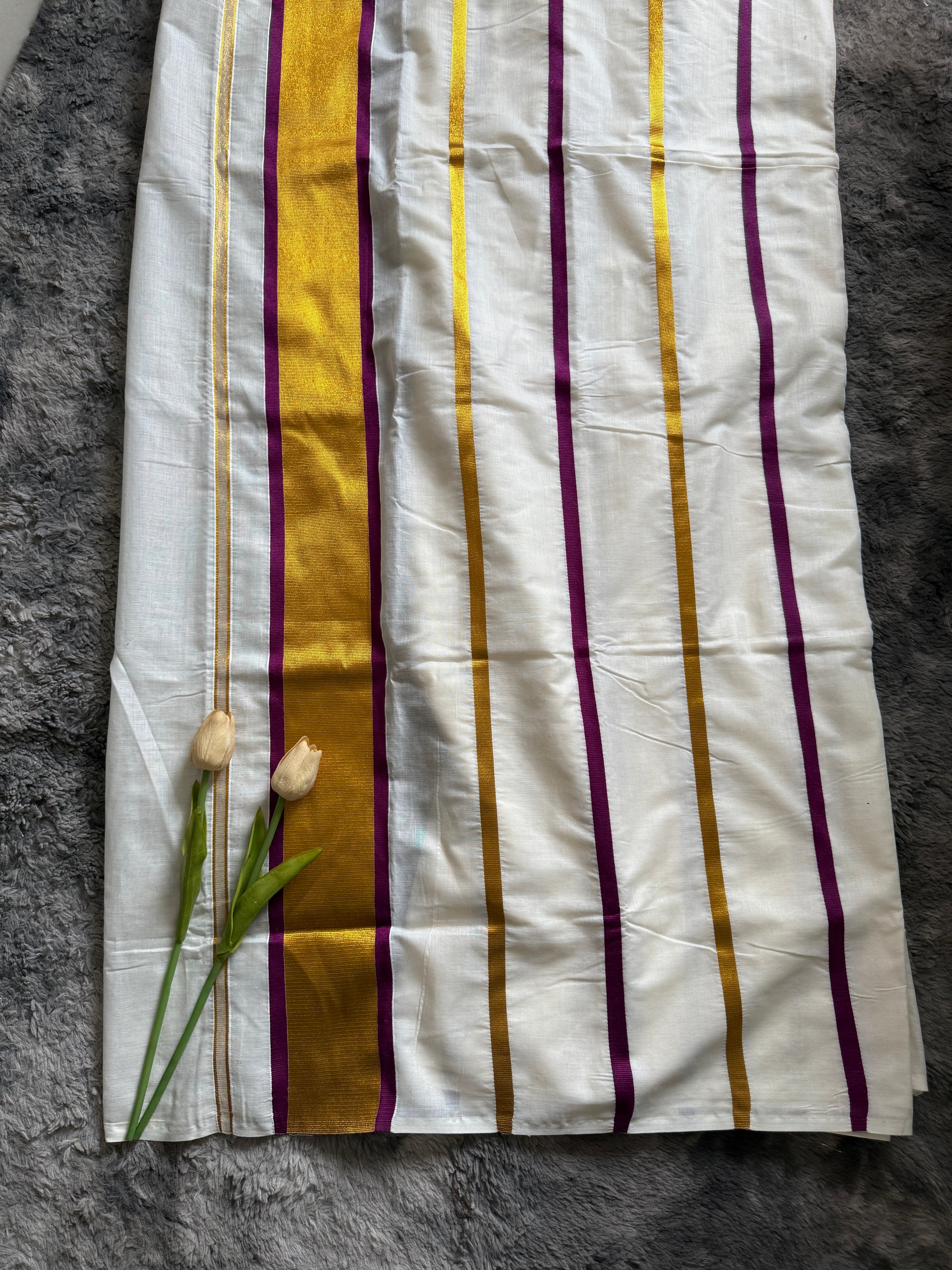 Kerala Saree gold wine stripes