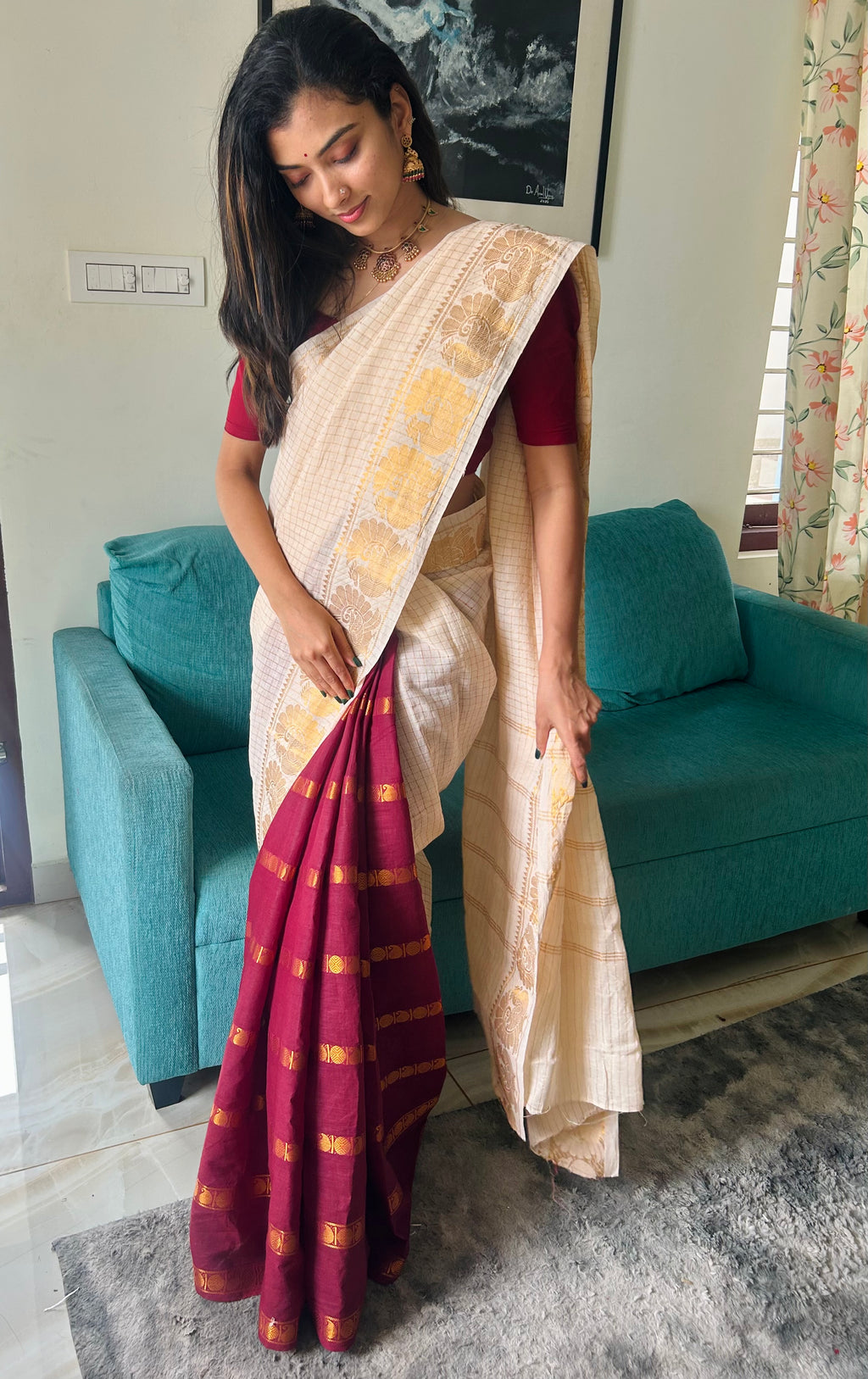 Sungudi Half Half - MAROON White