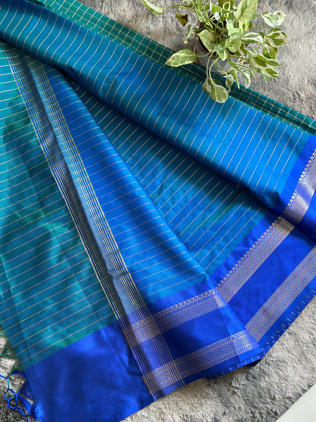 Semi Silk Checks- Peacock Blue Green