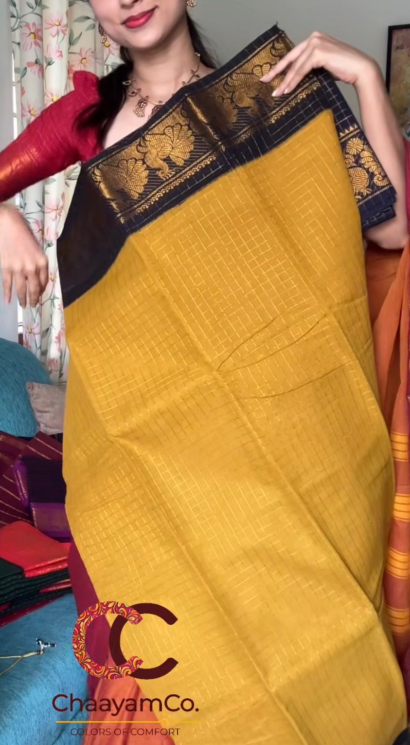 Yellow and Black Small check Sungudi