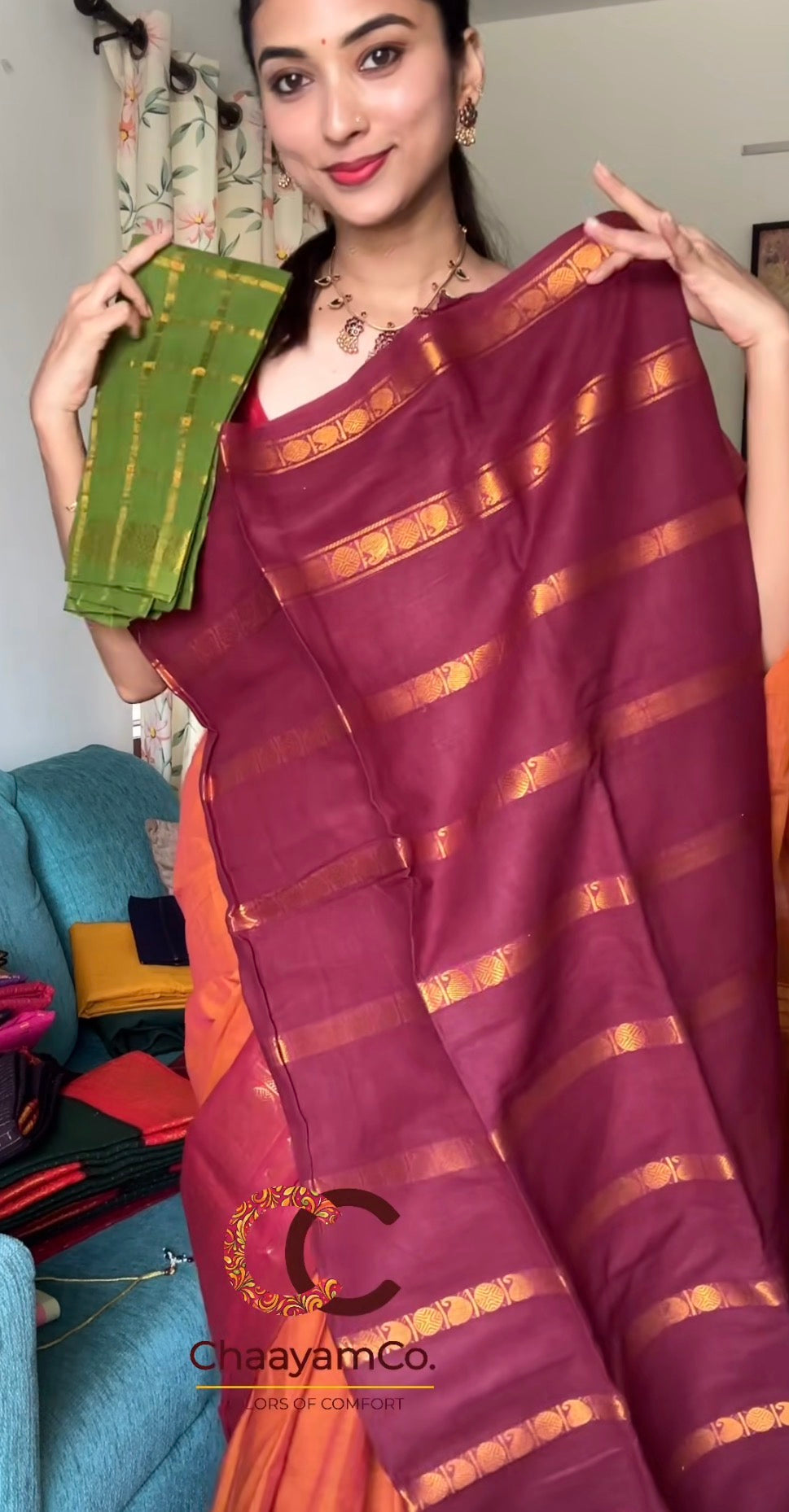 Maroon Velthari with Light Green Blouse