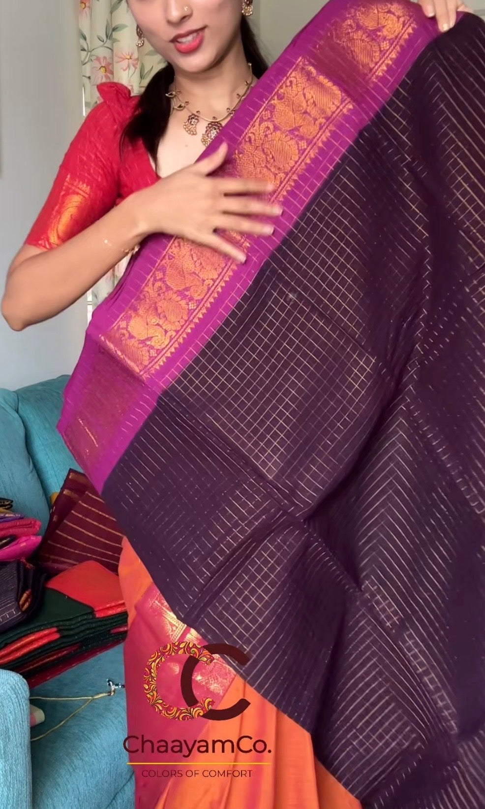 Sungudi dark purple check with light purple