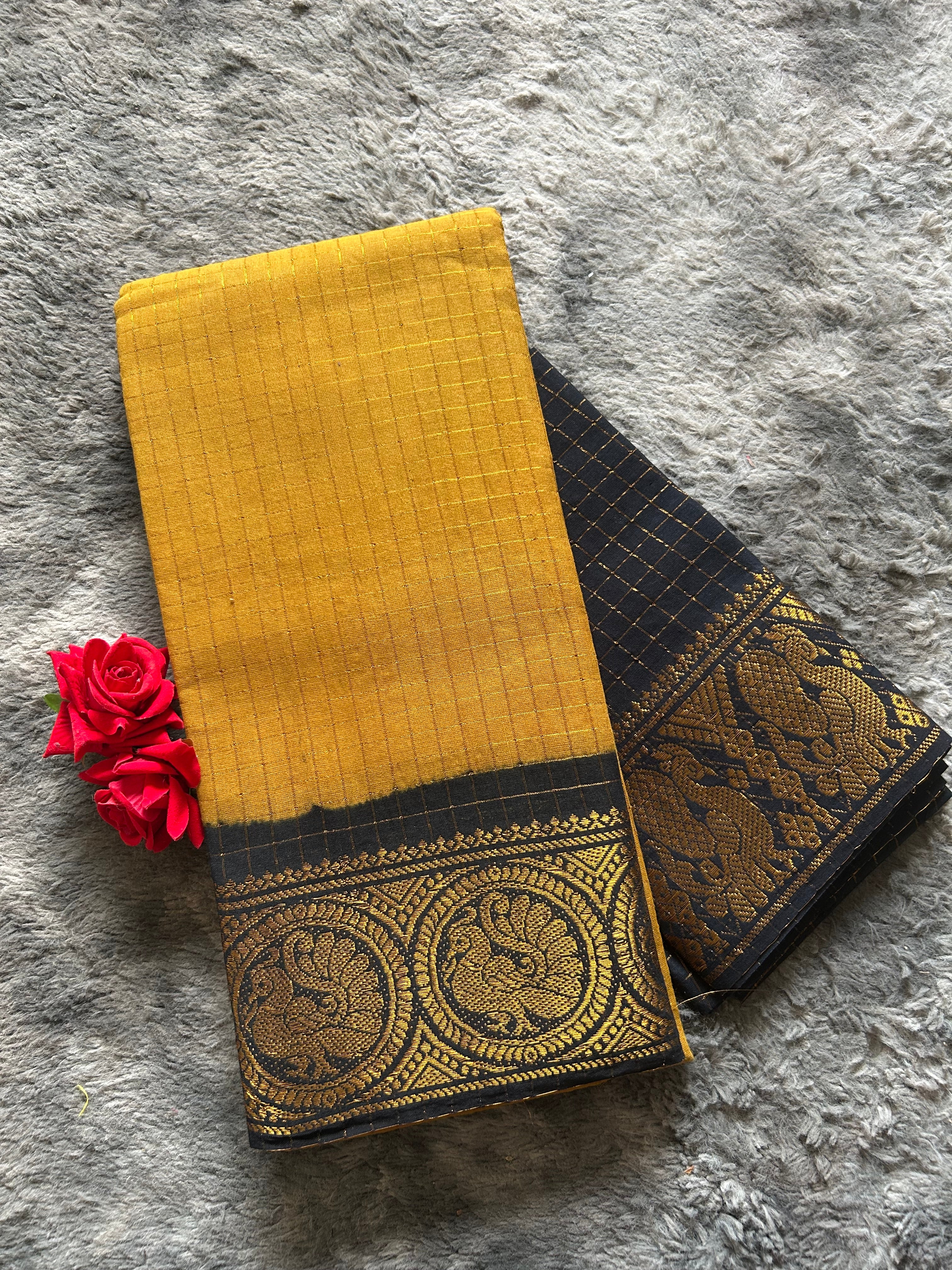 Yellow and Black Small check Sungudi