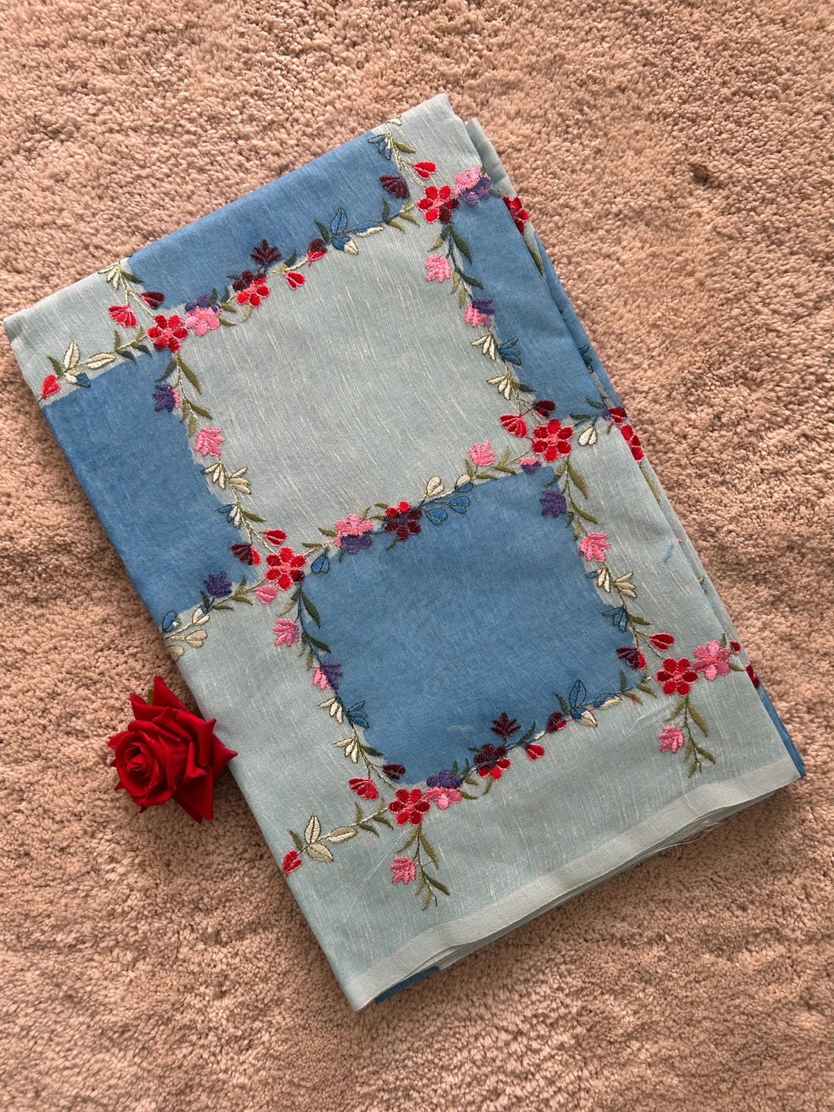 Blue Embroidery - Cotton Saree - ChaayamCo
