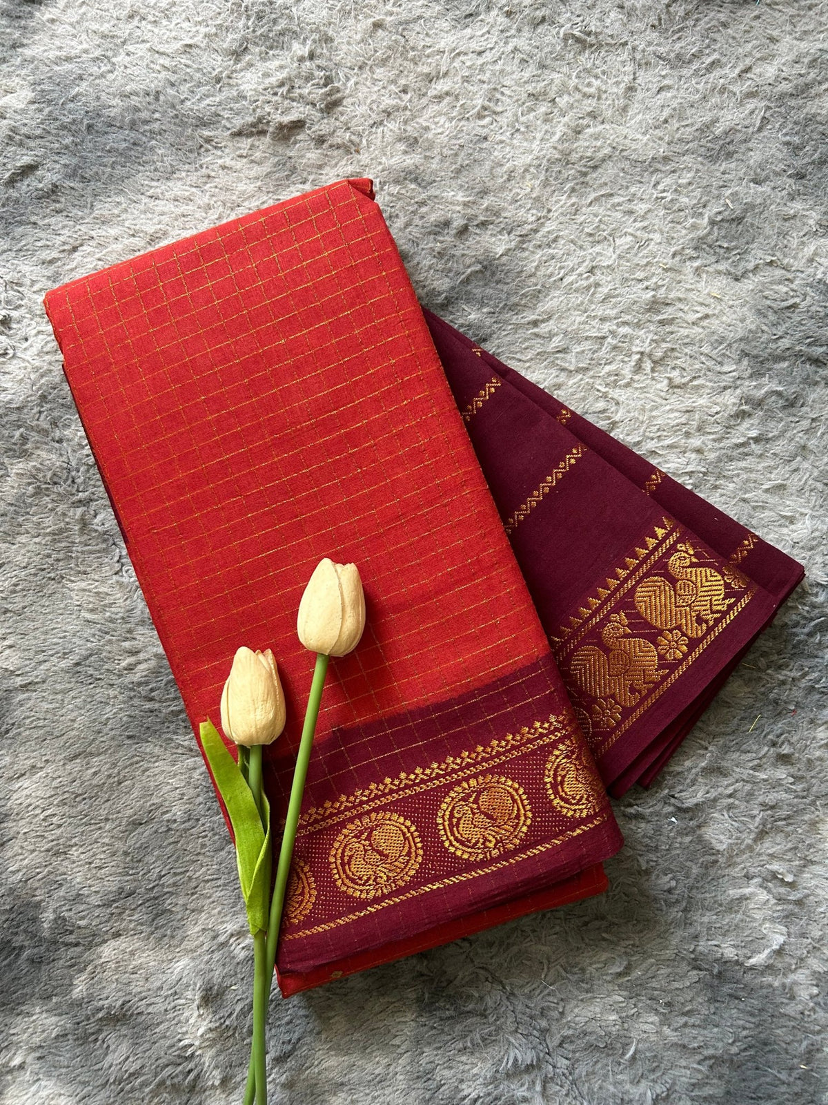Brick Red and Brown Checks Sungudi - ChaayamCo