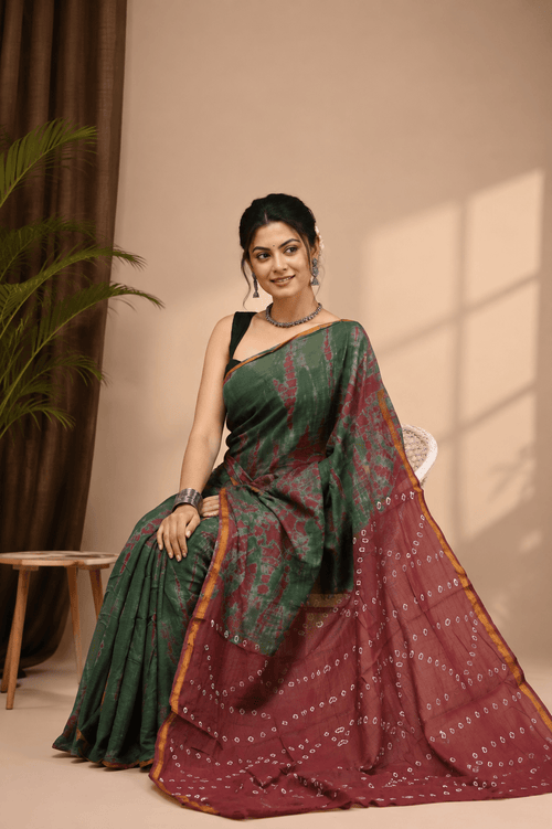 Chanderi Cotton Green Red Tie Dye - ChaayamCo