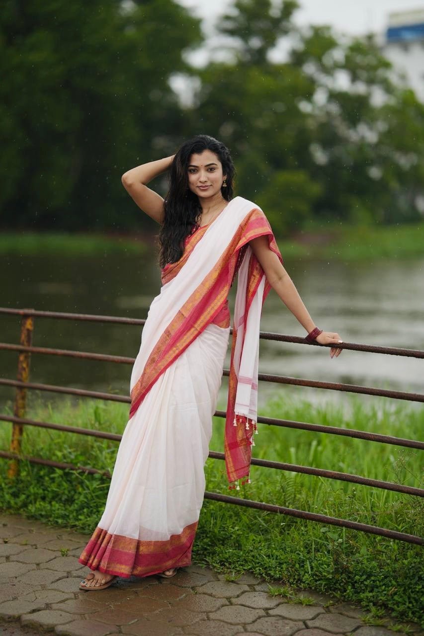 Kanchi Border soft cotton White - ChaayamCo