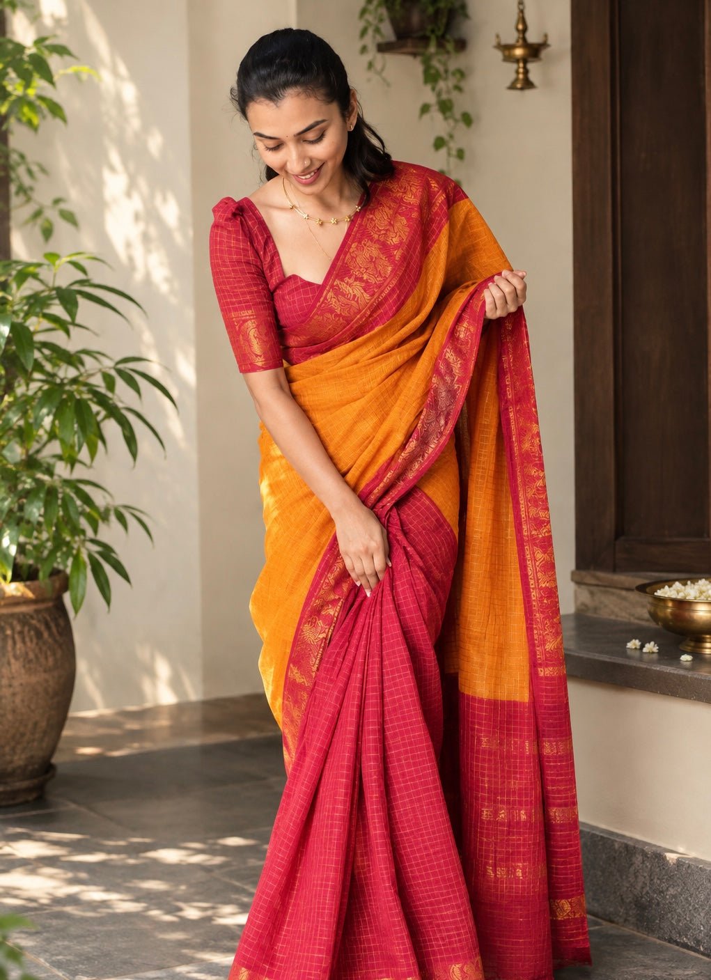 Mango Yellow and Red checka half half - ChaayamCo