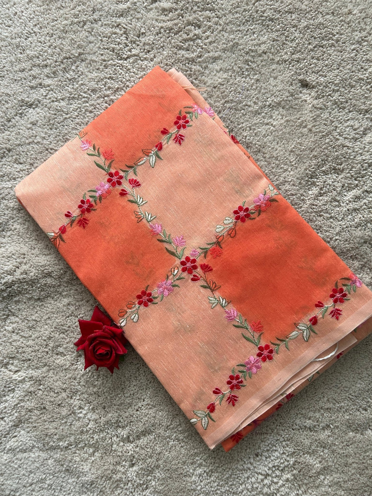 Orange Embroidery- Cotton Saree - ChaayamCo