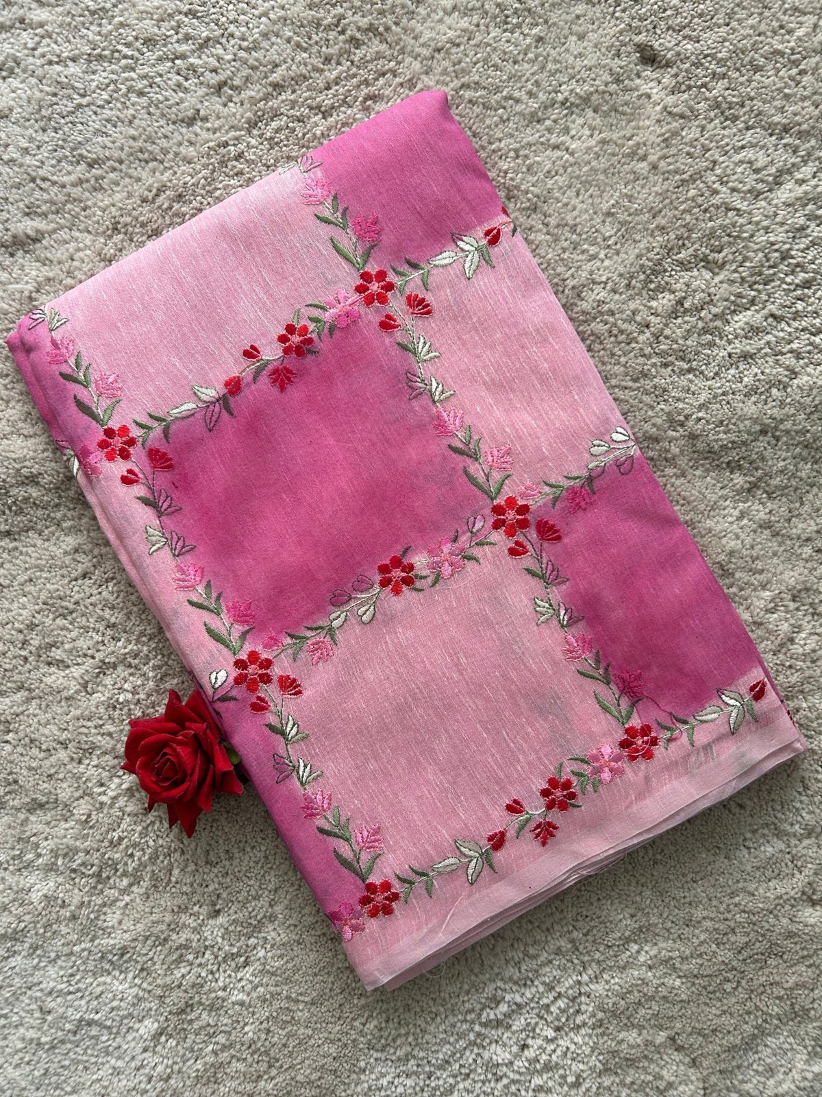 Pink Embroidery - Cotton Saree - ChaayamCo