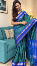 Semi Silk Checks- Peacock Blue Green - ChaayamCo
