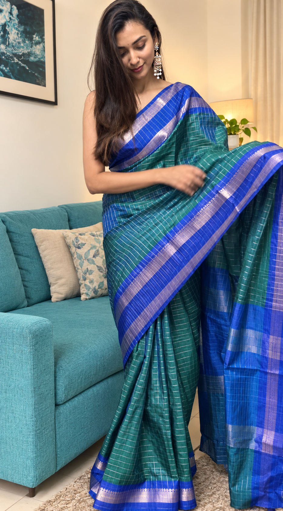 Semi Silk Checks- Peacock Blue Green - ChaayamCo