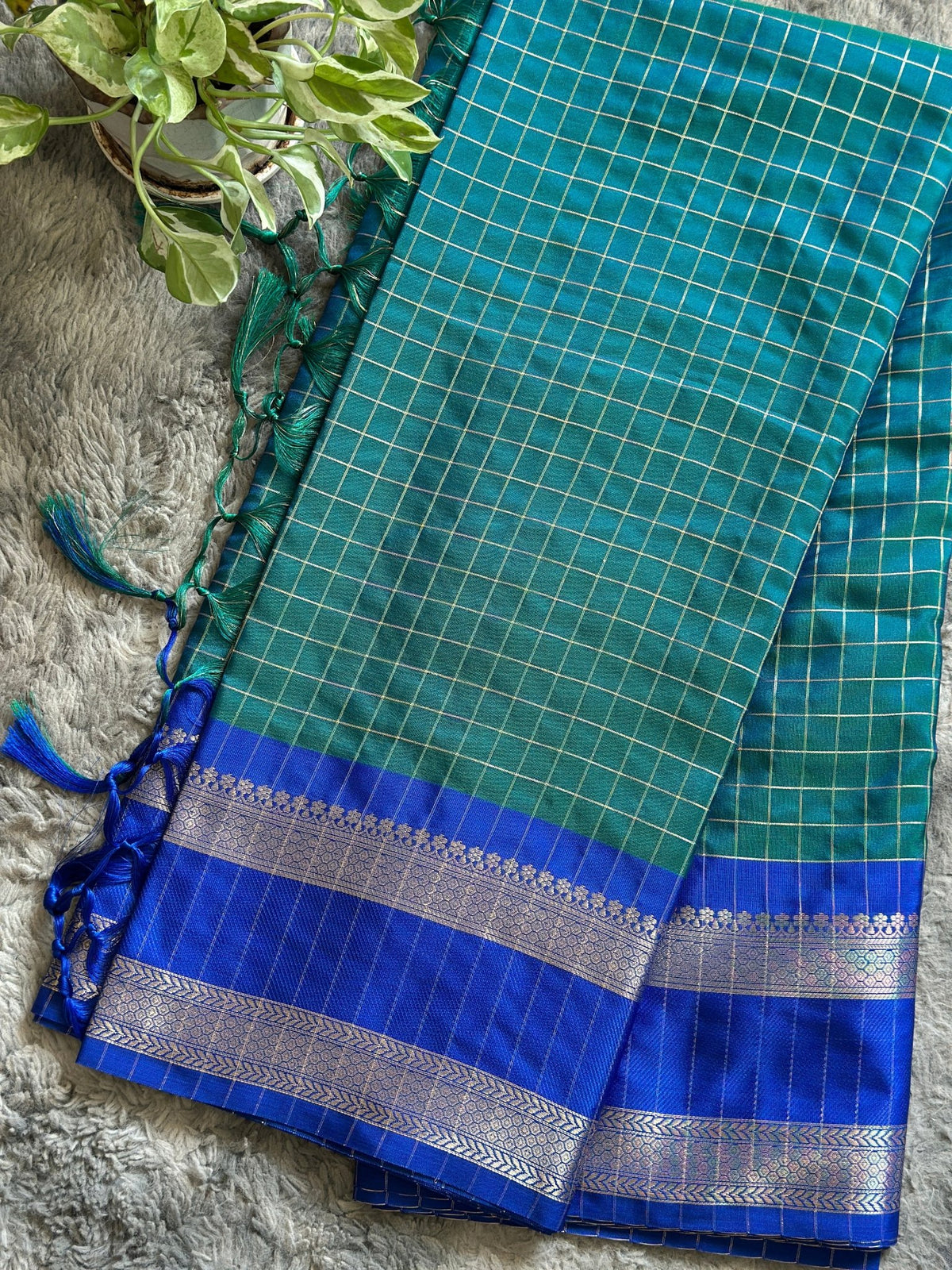 Semi Silk Checks- Peacock Blue Green - ChaayamCo