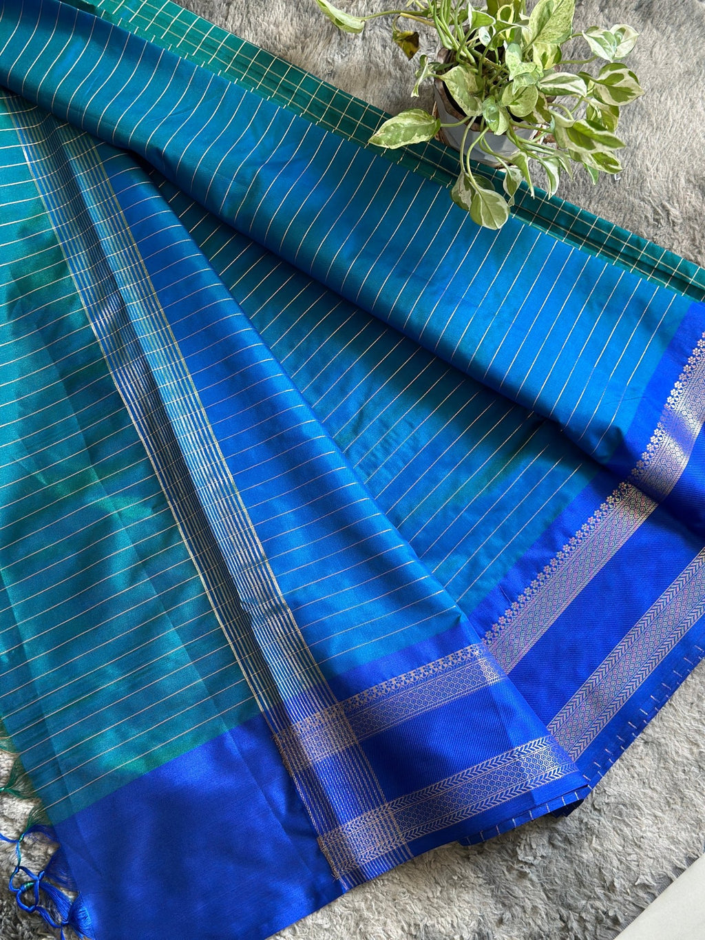 Semi Silk Checks- Peacock Blue Green - ChaayamCo