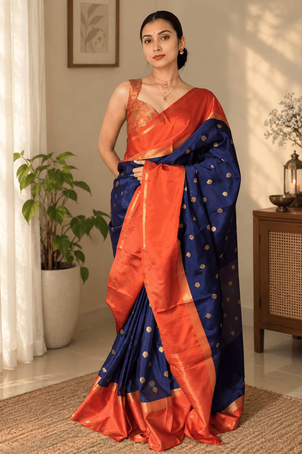 Soft silk- Navy Blue Orange - ChaayamCo