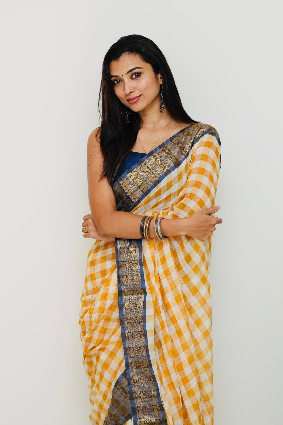 Yellow Blue Checks Kanchi Border - ChaayamCo