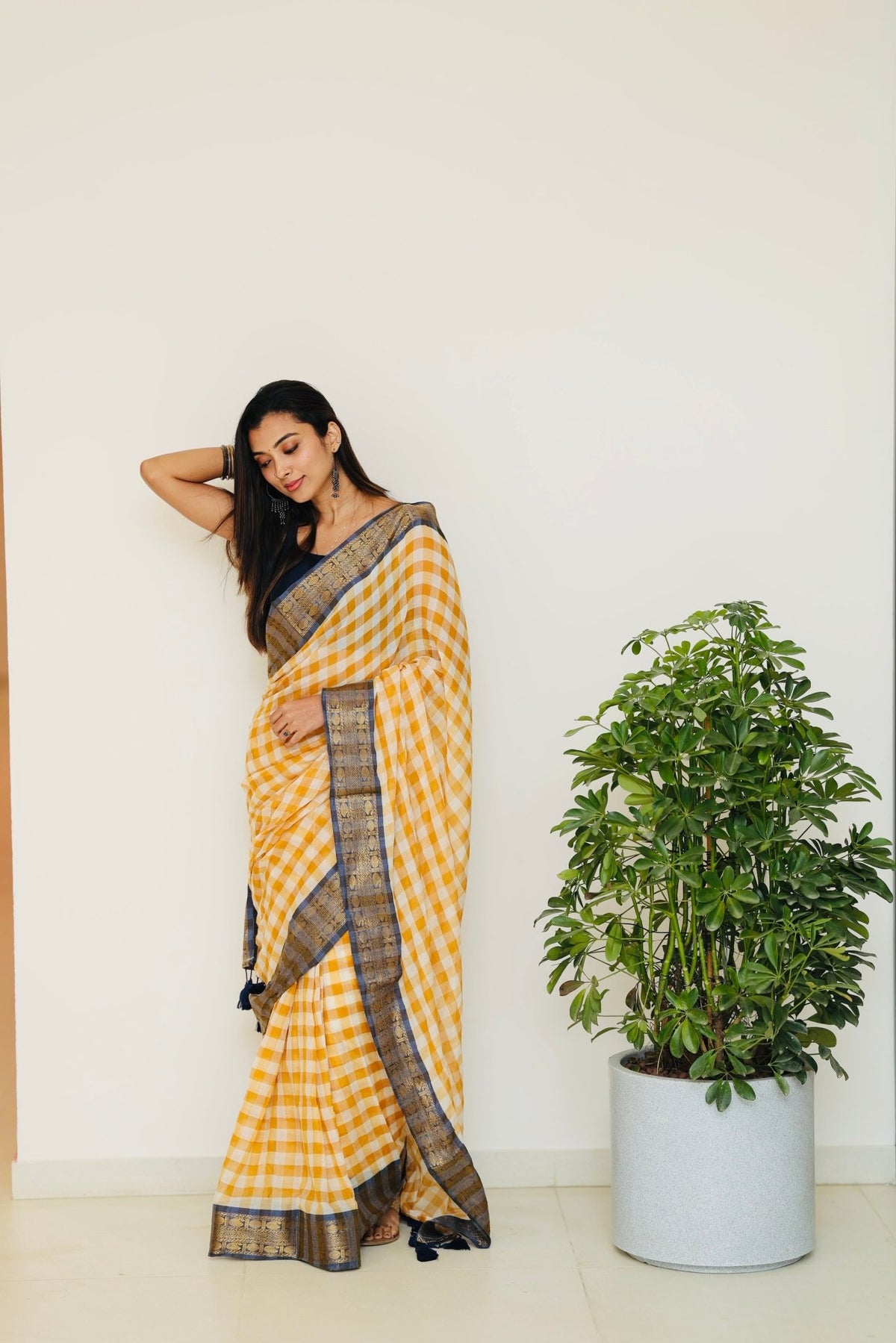 Yellow Blue Checks Kanchi Border - ChaayamCo