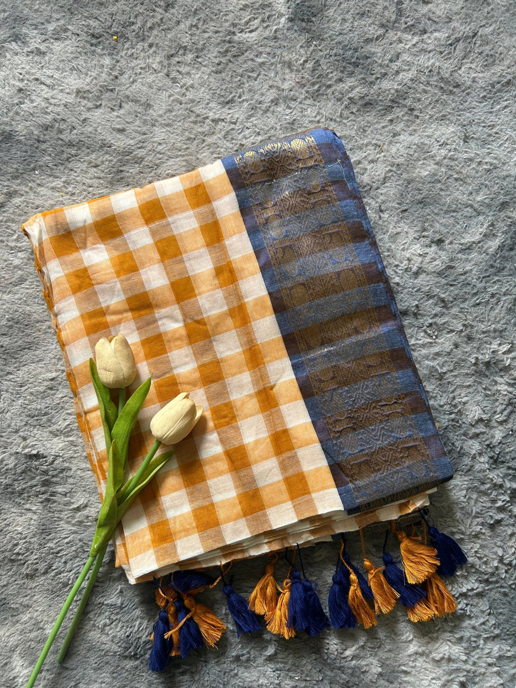 Yellow Blue Checks Kanchi Border - ChaayamCo
