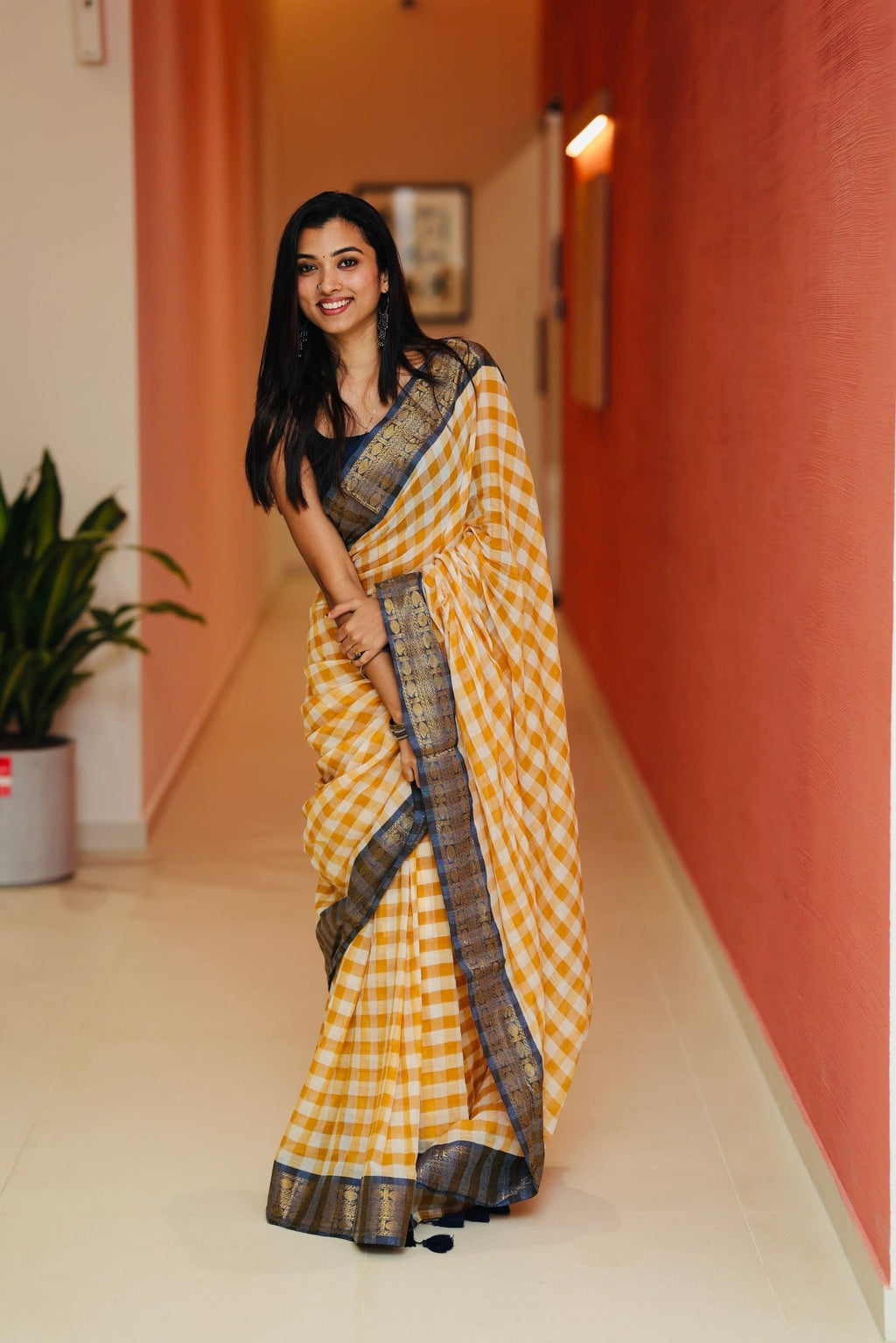 Yellow Blue Checks Kanchi Border - ChaayamCo