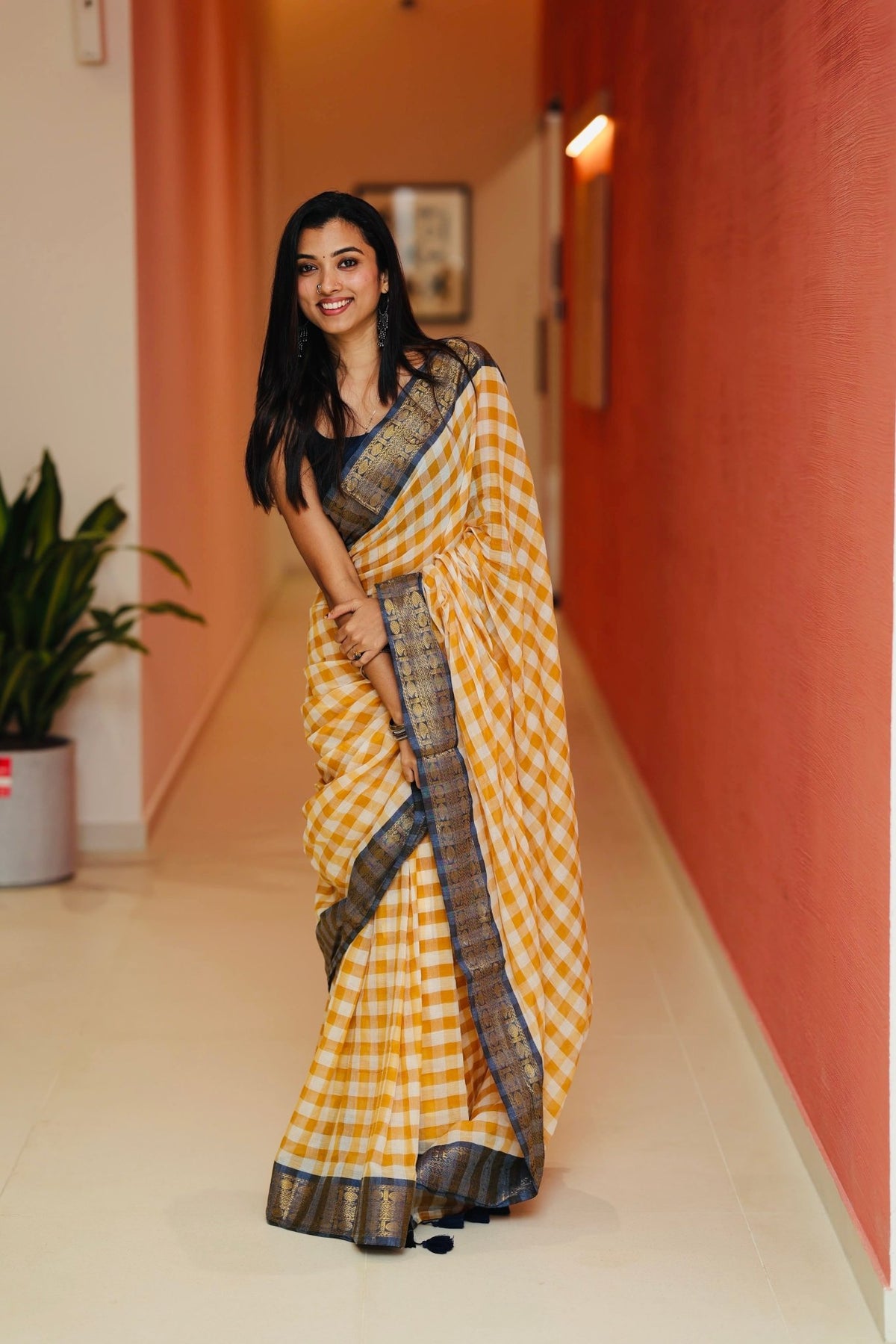 Yellow Blue Checks Kanchi Border - ChaayamCo